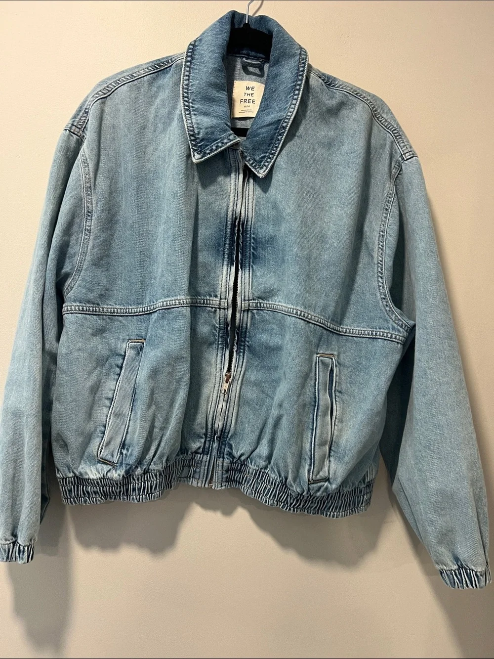 Free People We The Free Birdie Denim Bomber Jacket Light Wash Medium